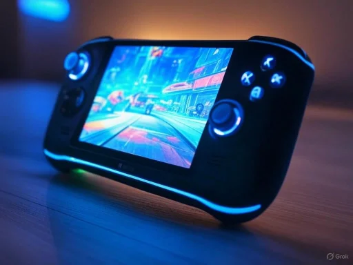 A handheld gaming console glowing in blue with a vibrant cityscape game on its screen.