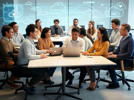 Team of professionals engaging in a collaborative meeting with virtual cloud technology visualized on screens.