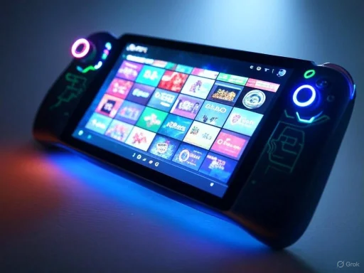 A handheld gaming console with glowing LED accents and a vibrant game menu display in a dim environment.