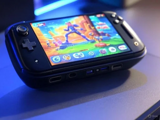 A handheld gaming console displaying a vibrant, colorful game scene, resting on a flat surface. A handheld gaming console displaying a vibrant, colorful game scene, resting on a flat surface.