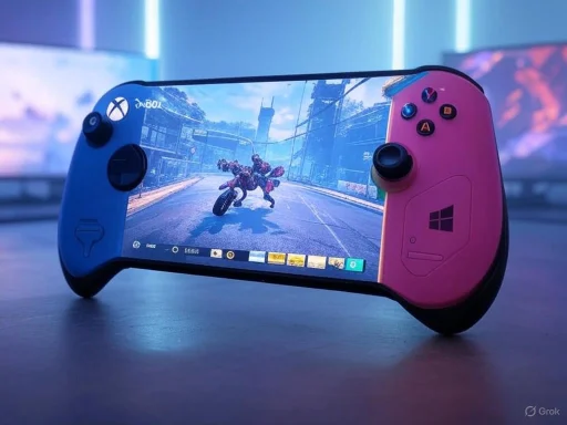 A handheld gaming console displaying a motorcycle racing game, with blue and pink grip colors against a techy background. A handheld gaming console displaying a motorcycle racing game, with blue and pink grip colors against a techy background.