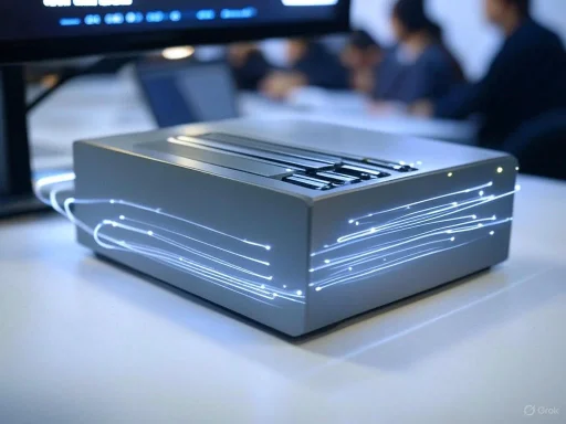 A high-tech device with illuminated lines, situated on a table, in a conference or presentation setting with blurred people in the background.