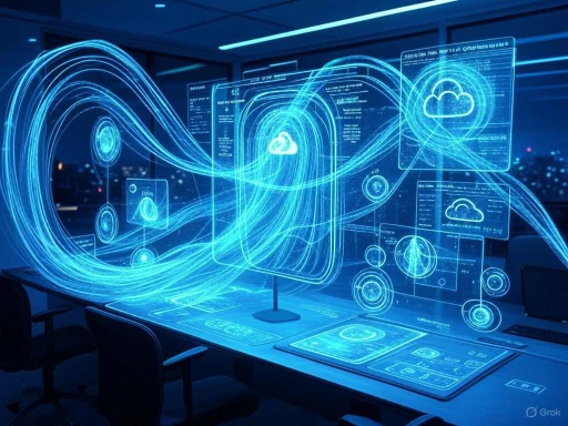 A futuristic digital representation of cloud computing with holographic interfaces and data streams over a conference room table.