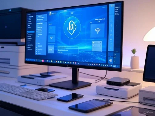 A modern office workspace with a large computer monitor, smartphone, tablets, and printers on a white desk.