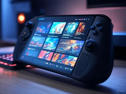 A handheld gaming console displaying multiple game thumbnails on a digital screen in a dimly lit room.