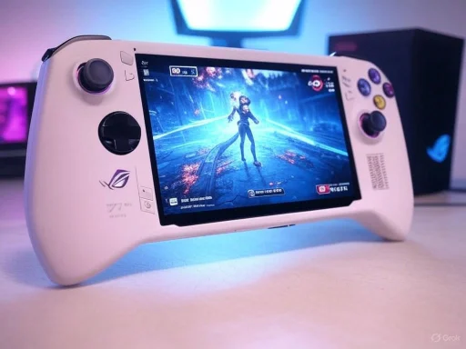 A handheld gaming console displays a futuristic game scene with a character standing on a neon-lit street. A handheld gaming console displays a futuristic game scene with a character standing on a neon-lit street.