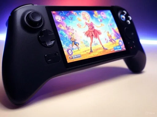 A handheld gaming console displaying a colorful animated game on its screen.