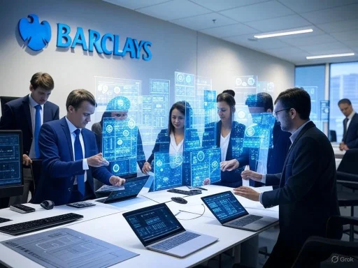 Business team discussing digital data and holographic displays in a Barclays corporate office.