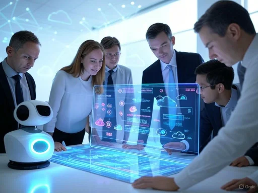 Team of professionals engaging with a holographic digital interface, along with a small robot companion.