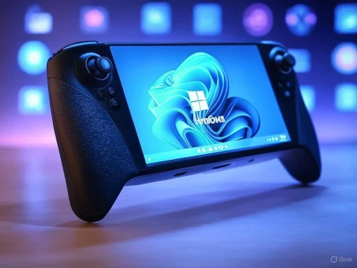 A handheld gaming device displaying the Windows logo on its screen.