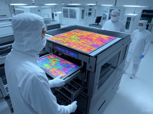 Scientists in a cleanroom operate a large machine printing colorful, intricate microchips.