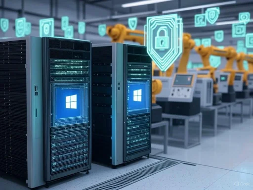 Automated robotic arms and servers with digital security icons illustrate AI-driven cybersecurity in a tech lab.