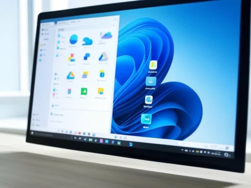 A computer monitor displays a Windows desktop with several application icons, including cloud storage and file management tools.