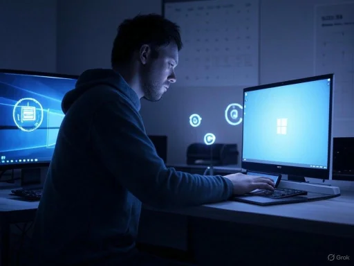 A person working at a computer in a dark room with glowing digital interface elements on the screens.