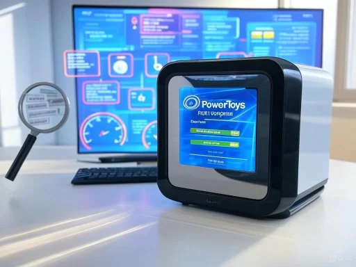 A futuristic control device labeled 'PowerToys' with a screen, positioned in front of a computer monitor displaying a blue dashboard and a magnifying glass on the left.