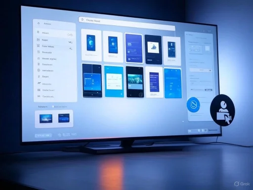 A large screen displays app interface options and a selection of mobile app prototypes in a presentation setting. A large screen displays app interface options and a selection of mobile app prototypes in a presentation setting.