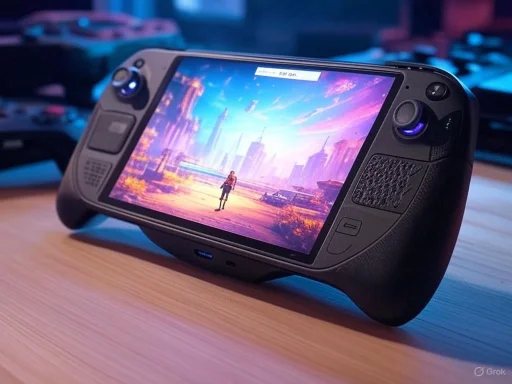 A handheld gaming device displays a futuristic cityscape with a person standing in a vibrant, colorful environment.