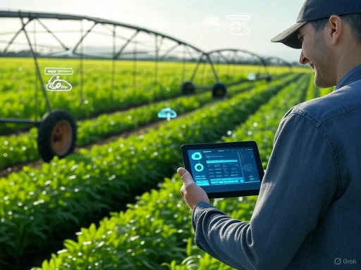 A farmer monitors irrigation technology with a tablet on a lush green farm during daytime.