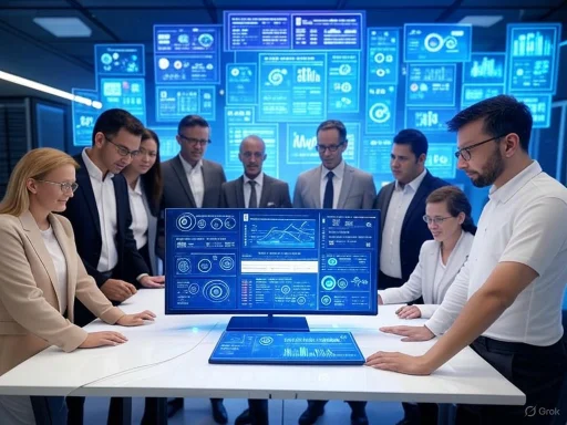 Team of professionals in a high-tech data analysis or cybersecurity room, examining large digital displays and screens.