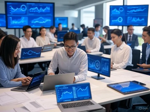 Team of professionals analyzing data on multiple screens in a modern office conference room.