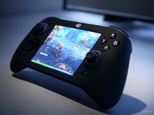 A handheld gaming console with a colorful game displayed on its screen, placed on a desk. A handheld gaming console with a colorful game displayed on its screen, placed on a desk.