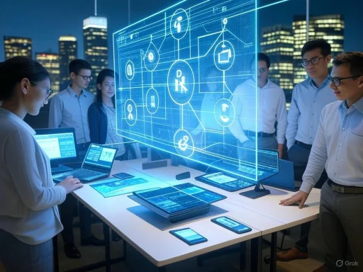 Team of professionals analyzing a high-tech digital interface with interconnected icons and data projections. Team of professionals analyzing a high-tech digital interface with interconnected icons and data projections.