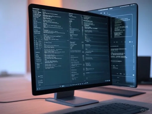 A dual-monitor setup displaying lines of code or technical data in a dimly lit workspace.