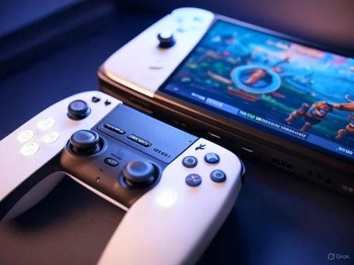 A gaming console with a controller and a smartphone displaying a colorful game.