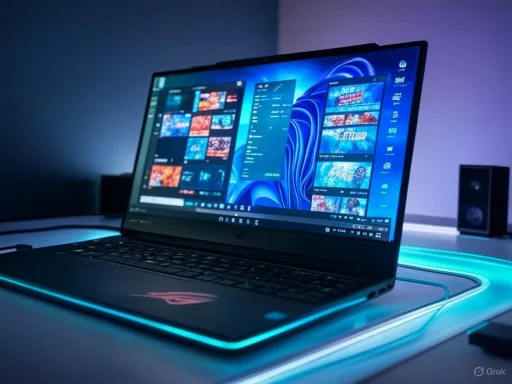 A gaming laptop with a blue-lit keyboard on a desk, displaying a colorful digital interface with game thumbnails. A gaming laptop with a blue-lit keyboard on a desk, displaying a colorful digital interface with game thumbnails.