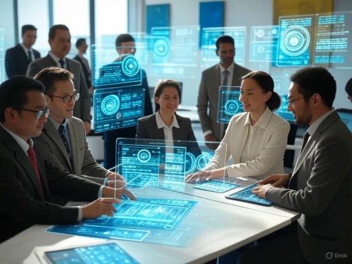 Business professionals collaborate in a high-tech meeting with holographic data displays.