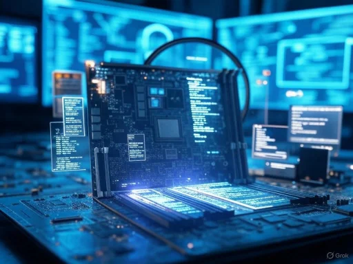 A computer motherboard with overhanging digital screens, set in a high-tech, futuristic environment.