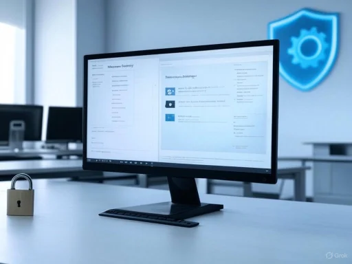 A computer monitor displaying a digital document in a secure, modern office with a shield and gear icon in the background.