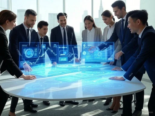 Business professionals collaborate around a high-tech, holographic touchscreen table displaying futuristic data. Business professionals collaborate around a high-tech, holographic touchscreen table displaying futuristic data.