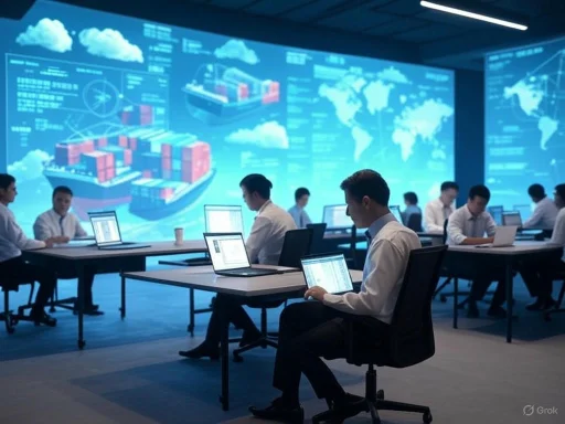 Business meeting in a futuristic control room with large digital screens displaying world maps and data.