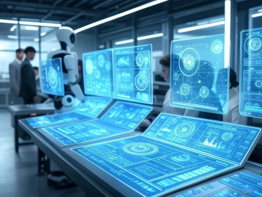A humanoid robot monitors advanced holographic screens in a high-tech laboratory environment.