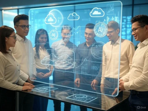 Team analyzing a transparent digital AI development interface in a modern office.