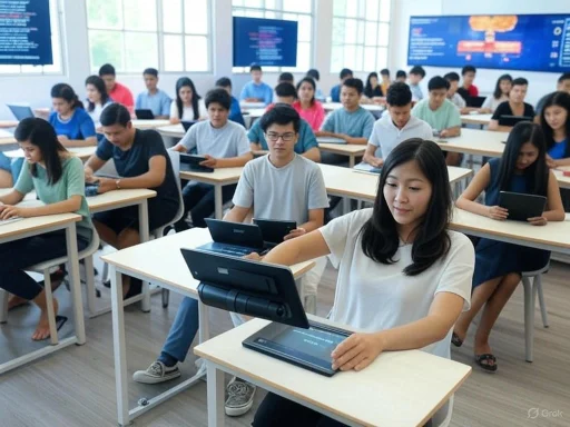 Students taking an exam or test on tablets in a bright classroom.
