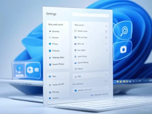 A laptop screen displays an open settings menu with various options, with a blue and white background.