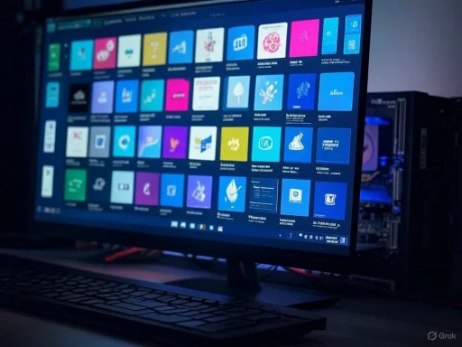 A computer monitor displays a colorful grid of app icons or tiles in a dark room setting.