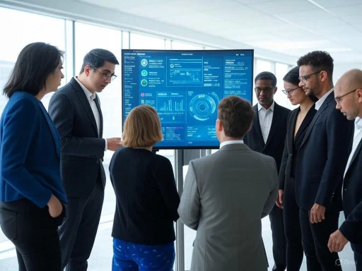 Business professionals analyze data on a large screen during a meeting in a modern office. Business professionals analyze data on a large screen during a meeting in a modern office.