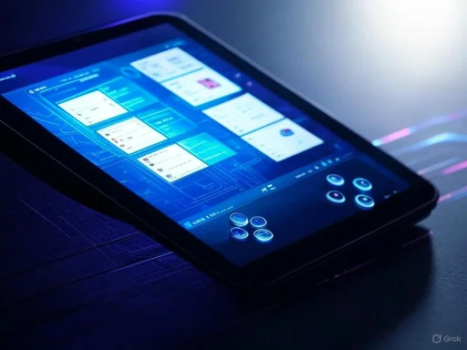 A sleek tablet displaying various digital interface elements with a glowing blue futuristic theme.