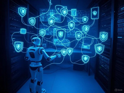 A robot interacts with a digital shield network visualization in a data center environment. A robot interacts with a digital shield network visualization in a data center environment.