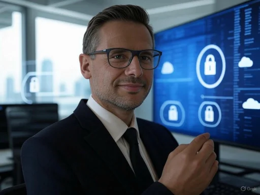 A businessman in a suit and glasses, smiling, working on cybersecurity or data protection in an office. A businessman in a suit and glasses, smiling, working on cybersecurity or data protection in an office.