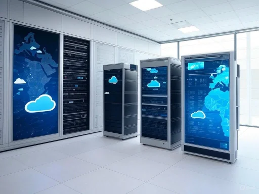 Data center with servers displaying cloud computing graphics and a world map.