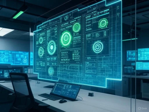 A high-tech control room with holographic digital displays of data and analytics projected in front of monitors and desks.