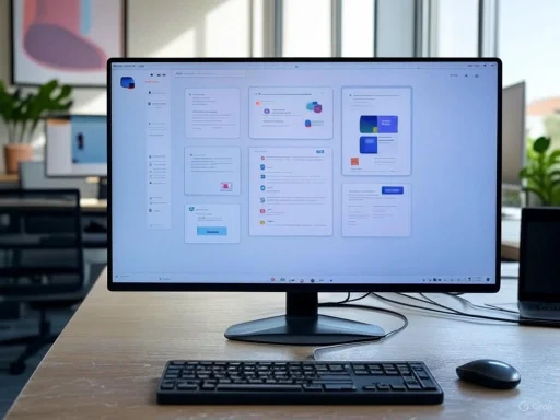 A computer monitor displaying a digital workspace with multiple app windows, placed on a wooden desk in an office.