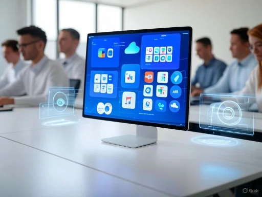 A futuristic office meeting with holographic digital interfaces around a sleek computer screen displaying app icons.