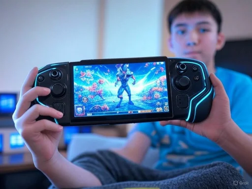 A boy playing a video game on a handheld gaming console with a vivid fantasy scene on the screen.