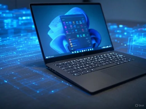 A laptop displaying a digital interface with a futuristic, glowing blue digital network in the background.