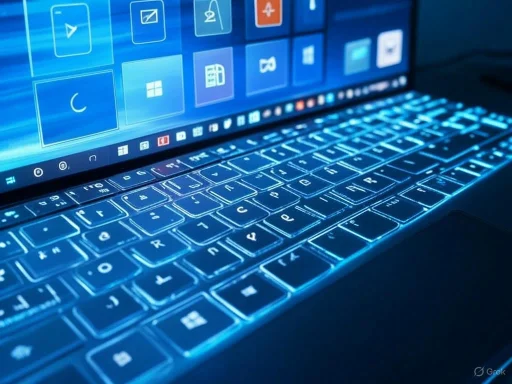 A close-up of a laptop keyboard and screen illuminated with blue backlight and digital icons.